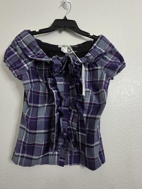 CALLA Womens Medium Plaid Ruffle Off Shoulder Short Sleeve Blouse Purple NWT Vtg